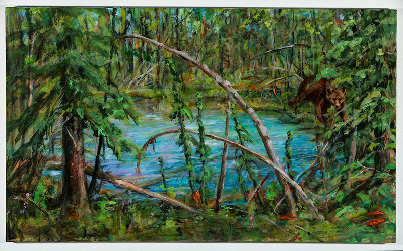 bear in boreal forest by a lake
