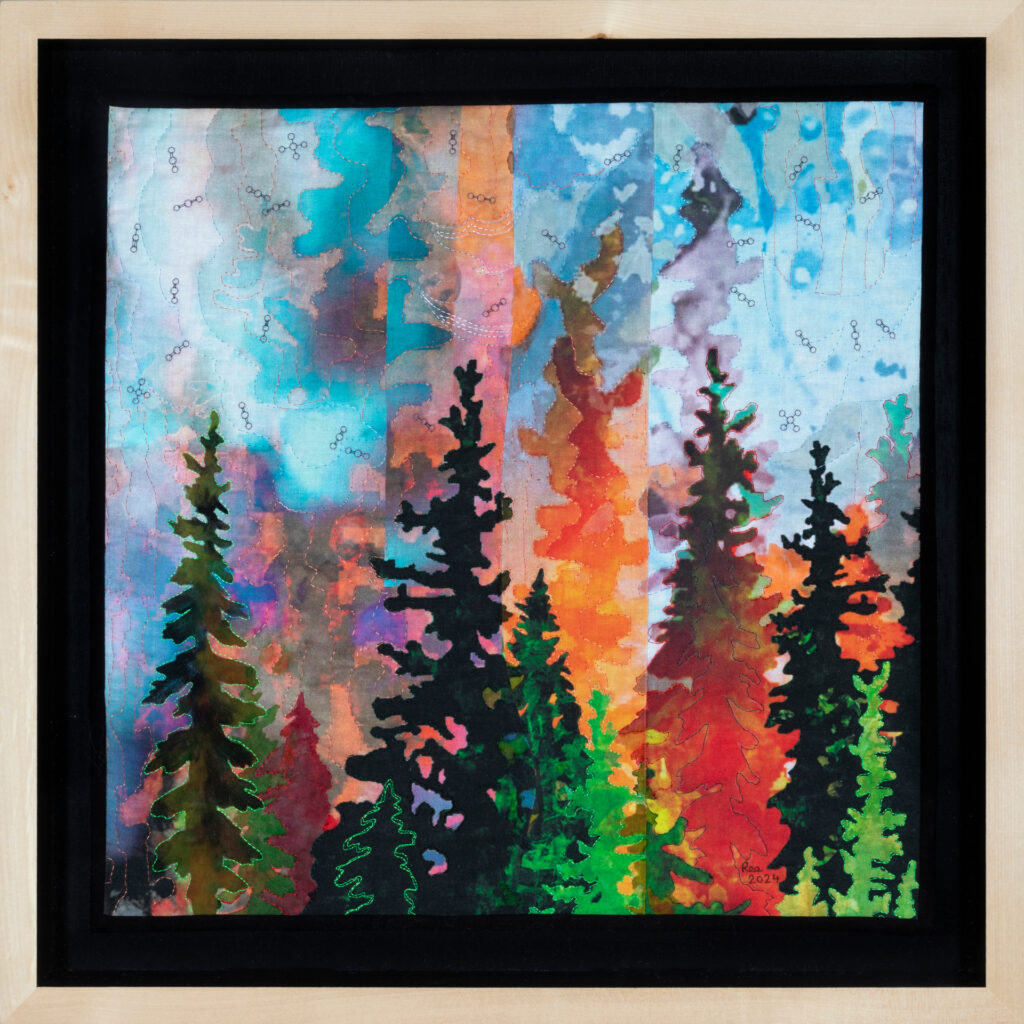 art quilt of forest fire