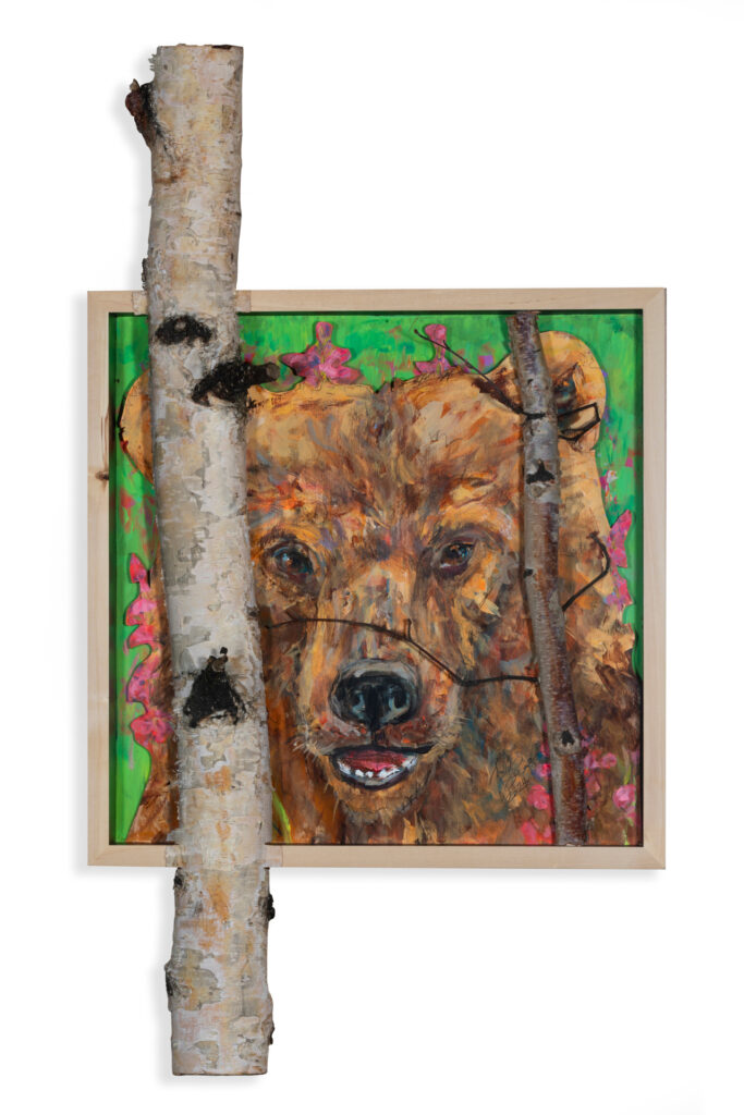 paining of a bear peeking around a birch tree