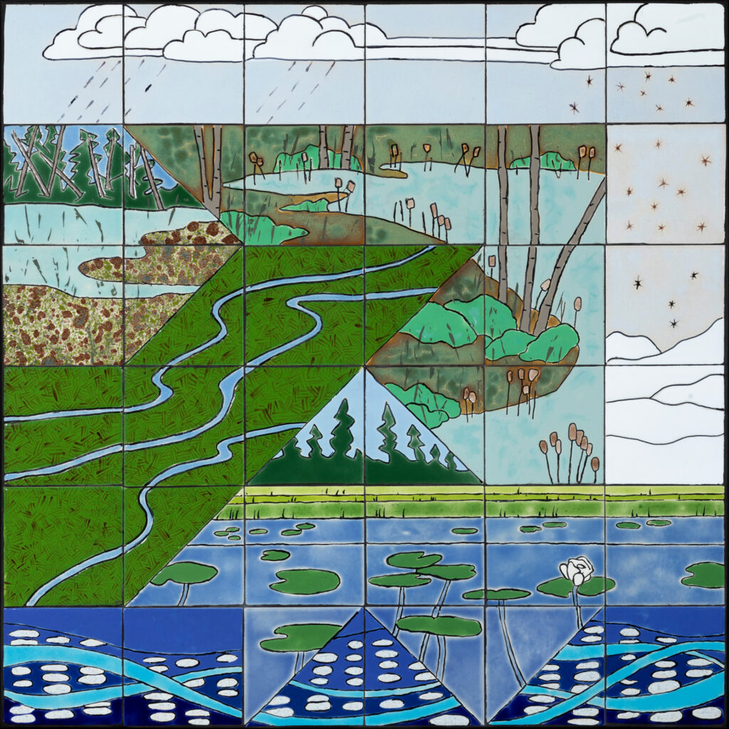 ceramic tiles painted with shapes of wetland areas