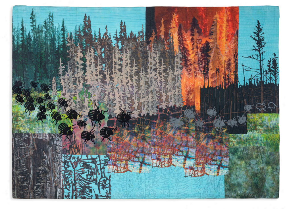 art quilt showing forest fire and beetle lifespan