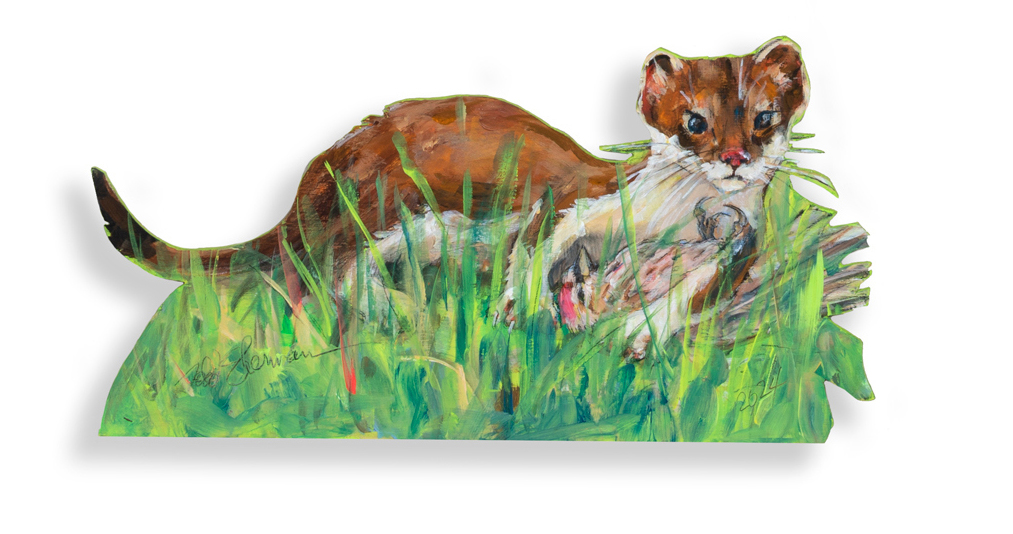 cut out painting of weasel and redpoll